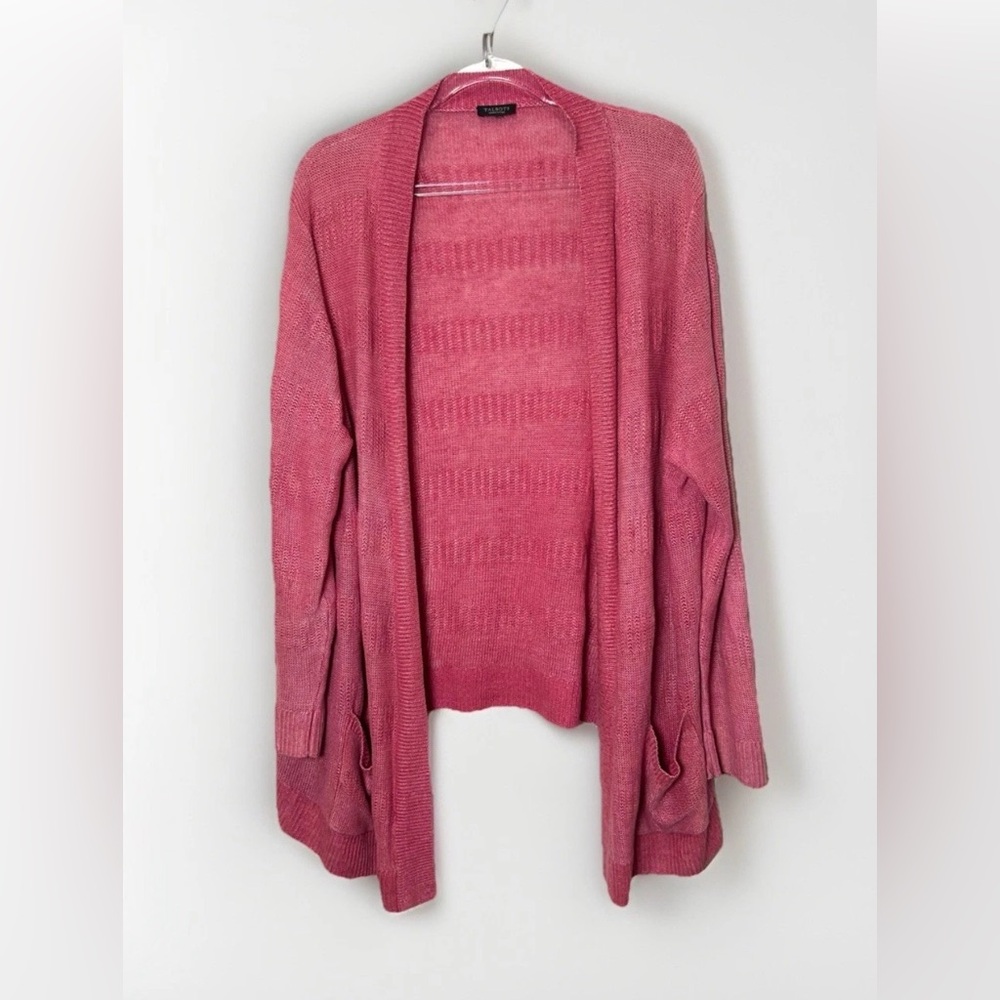 Talbots 100% Linen Cardigan Open Front Size 2X Petite Pink Long Sleeve Pockets